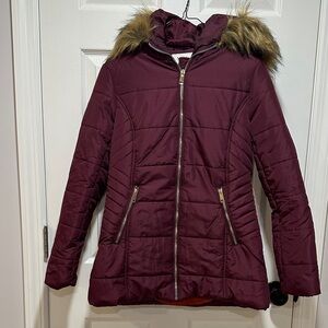 Maralyn & Me Burgundy Puffer Jacket with Faux Fur Hood